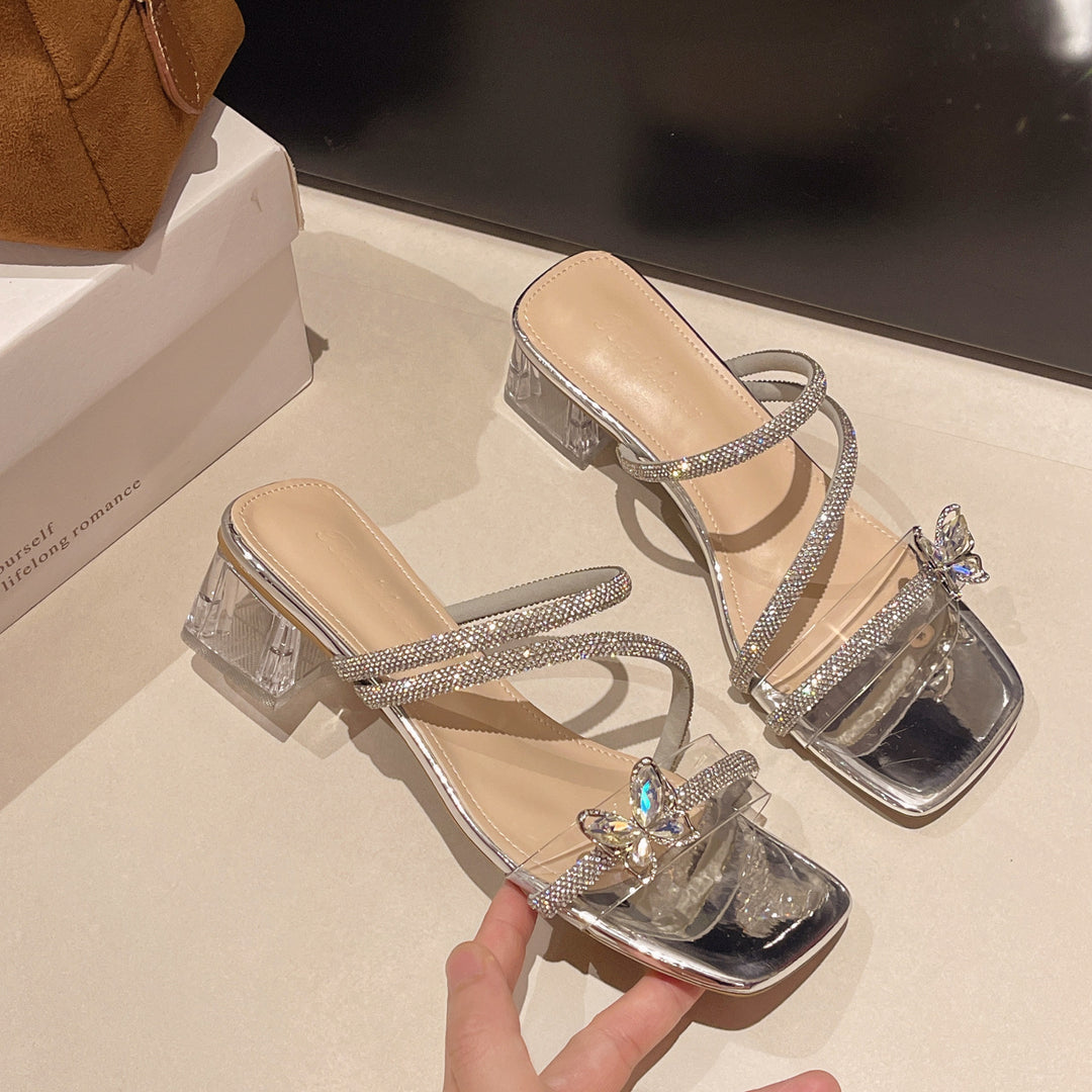 Damen elegante und glamouröse Sandalen mit funkelnden Applikationen und transparentem Blockabsatz R&B