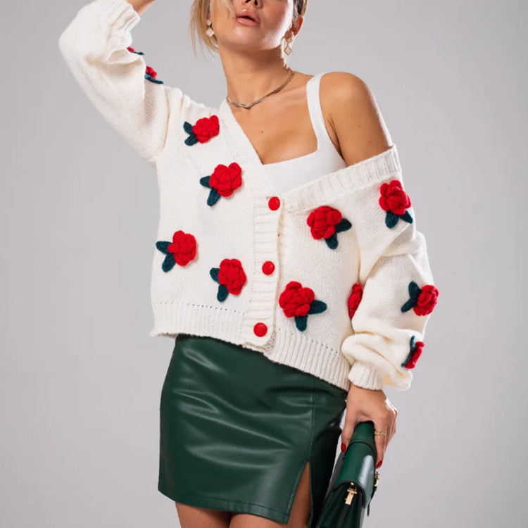 Damen Kuscheliger Strickcardigan mit floralen Applikationen und oversized Schnitt