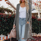 Damen langer Strickcardigan mit offenen Taschen und feinem Rippdesign