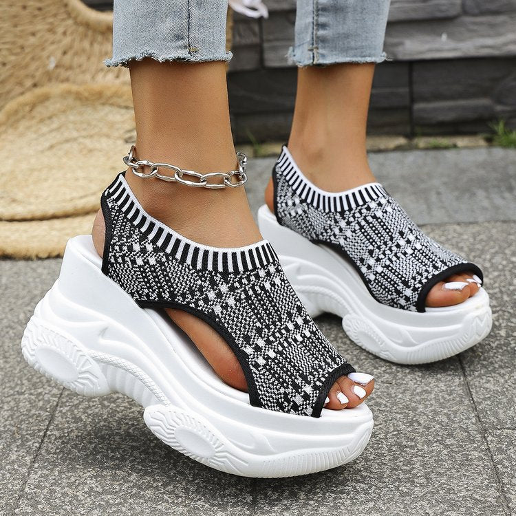 Damen Plateau-Sandalen mit elastischem Strick-Obermaterial und atmungsaktivem Design