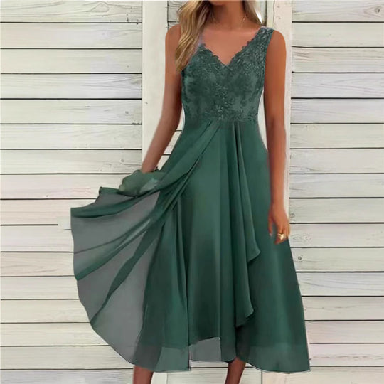 Damen nan elegantes Abend-Midikleid mit bestickter Spitzen-Büste, taillierter Drapierung und fließendem Lagenrock R&B