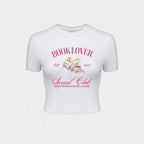 Damen Crop-T-Shirt mit kreativem BuchliR&Bhaber-Design und R&Brnem Aufdruck R&B