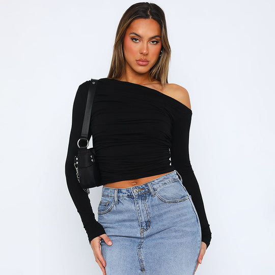 Damen Stylisches Oversized Shirt mit versetztem Kragen und Raffung R&B