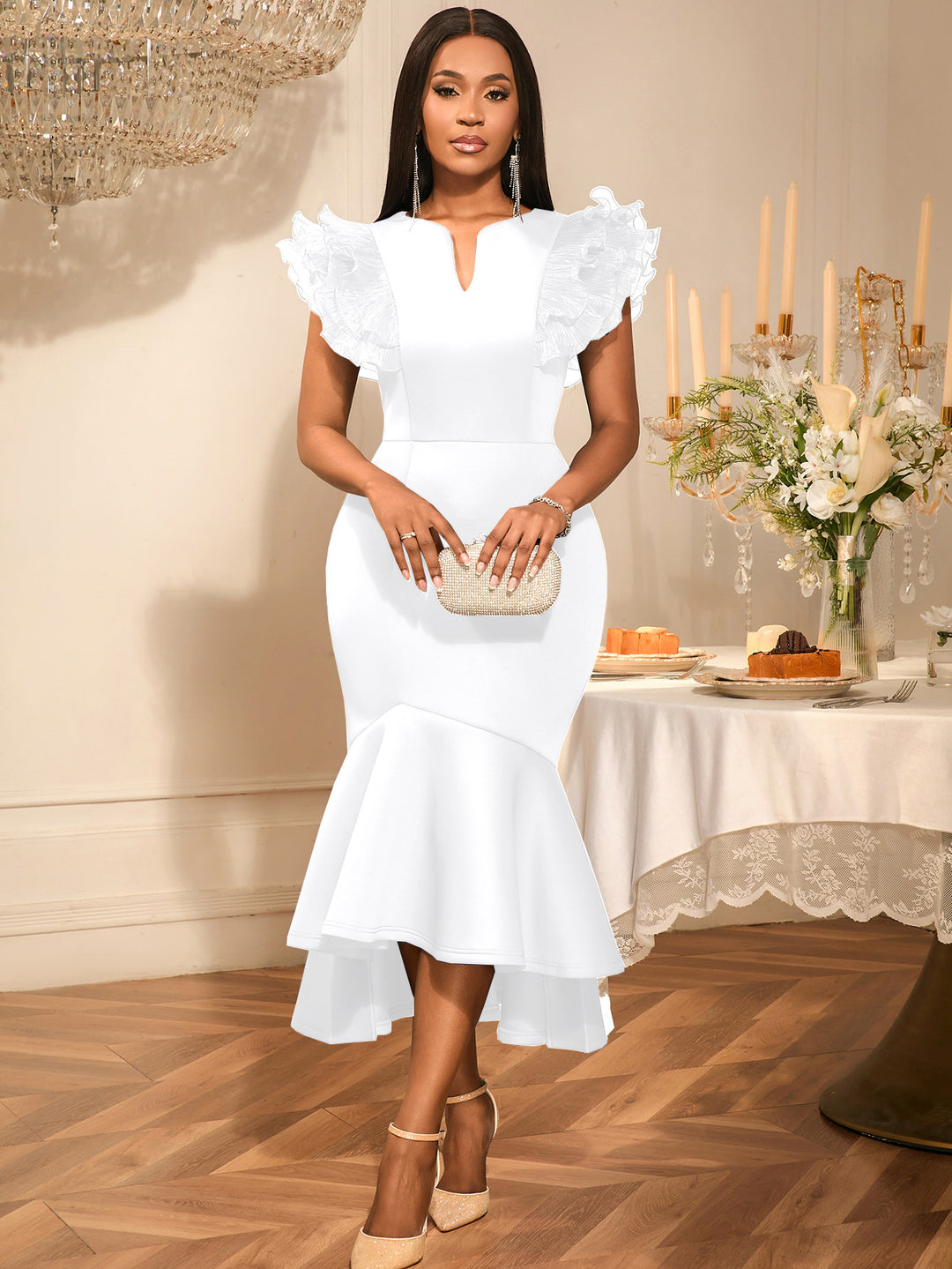 Damen figurbetontes Kleid mit voluminösen Rüschenärmel R&B