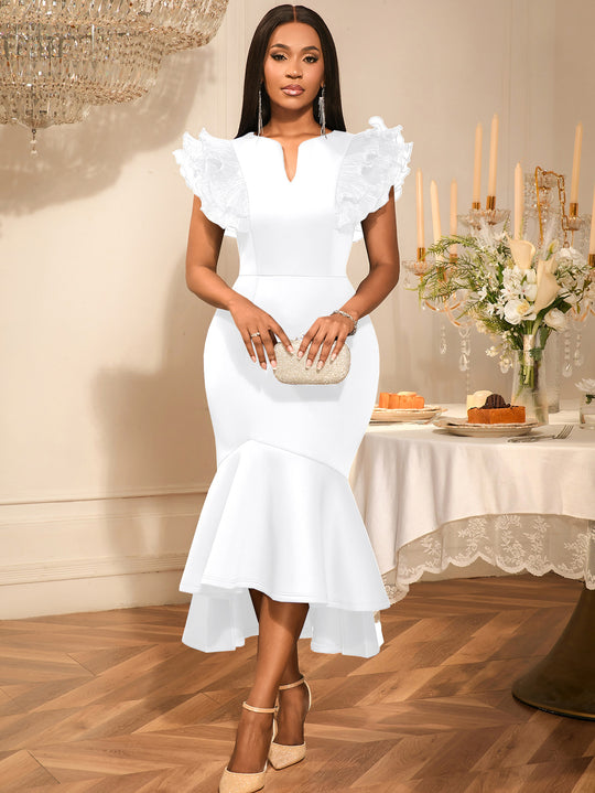 Damen figurbetontes Kleid mit voluminösen Rüschenärmel R&B