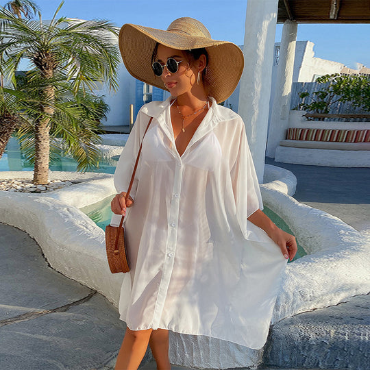 Damen Strandhemd mit transparentem Stoff und klassischem Hemdkragen Heidi Mode