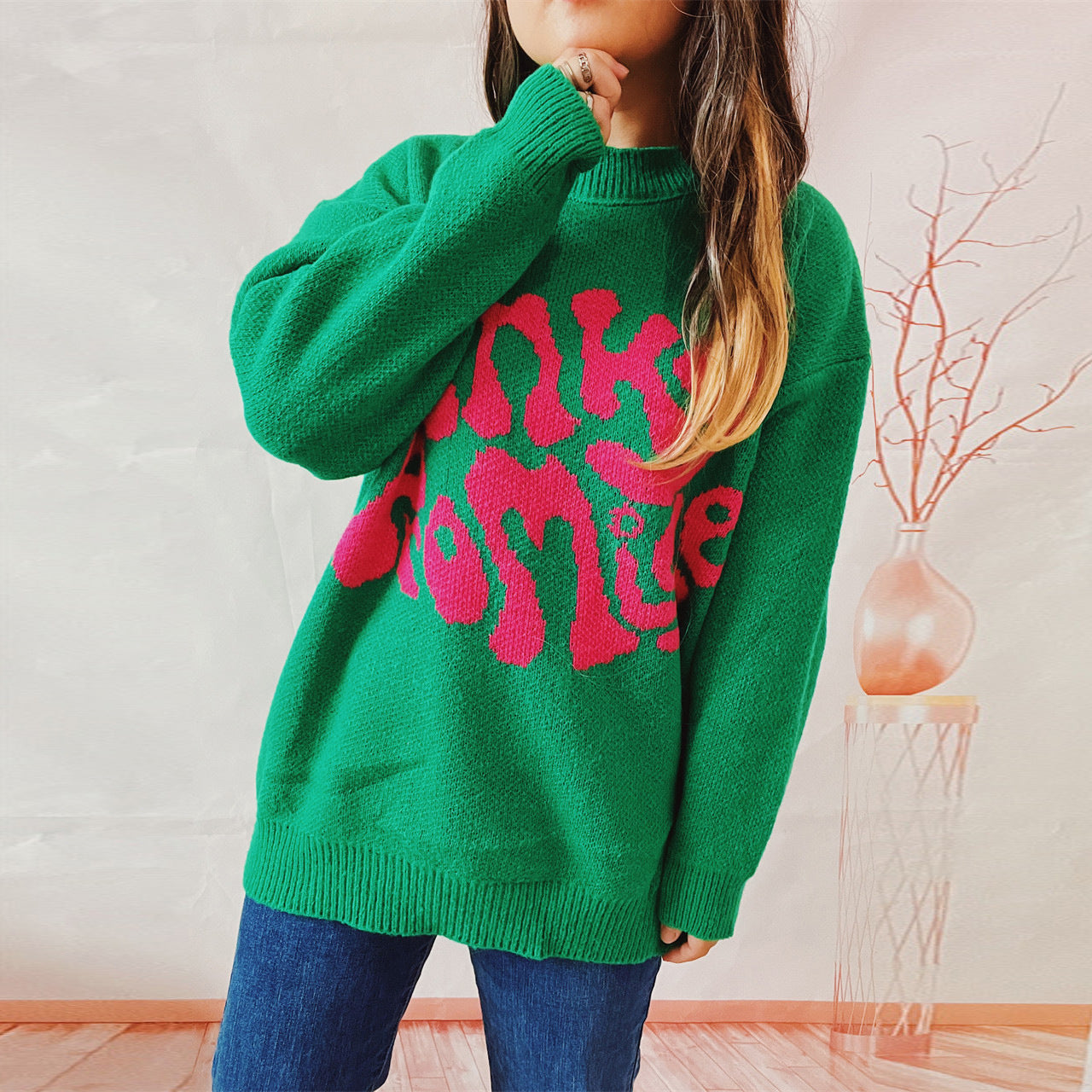 Damen lässiger Pullover mit großflächiger Schriftzug-Applikation R&B