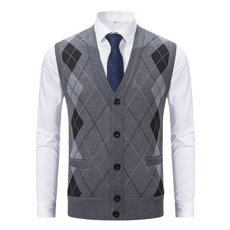 Herren elegante Strickjacke mit Rautenmuster und praktischen Taschen R&B