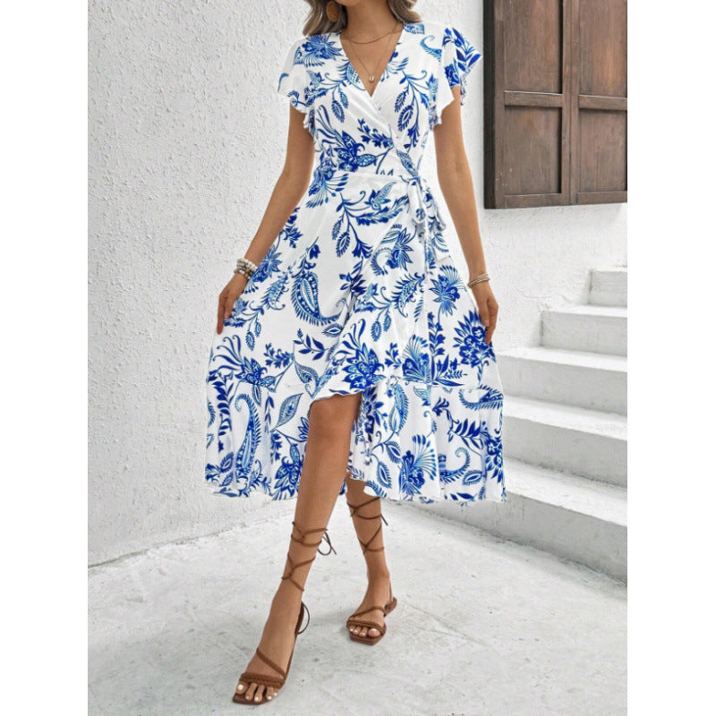 Damen Wickelkleid mit floralem Muster und fließendem Saum R&B