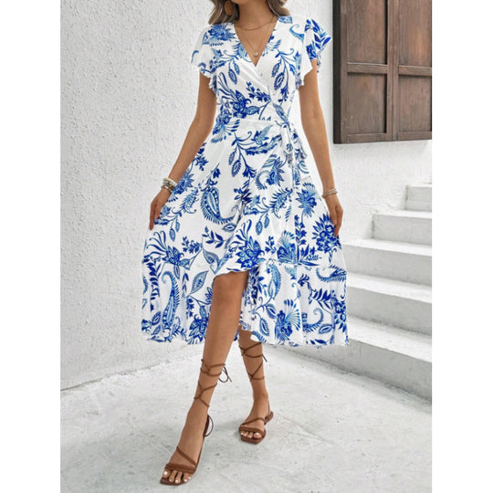 Damen Wickelkleid mit floralem Muster und fließendem Saum R&B