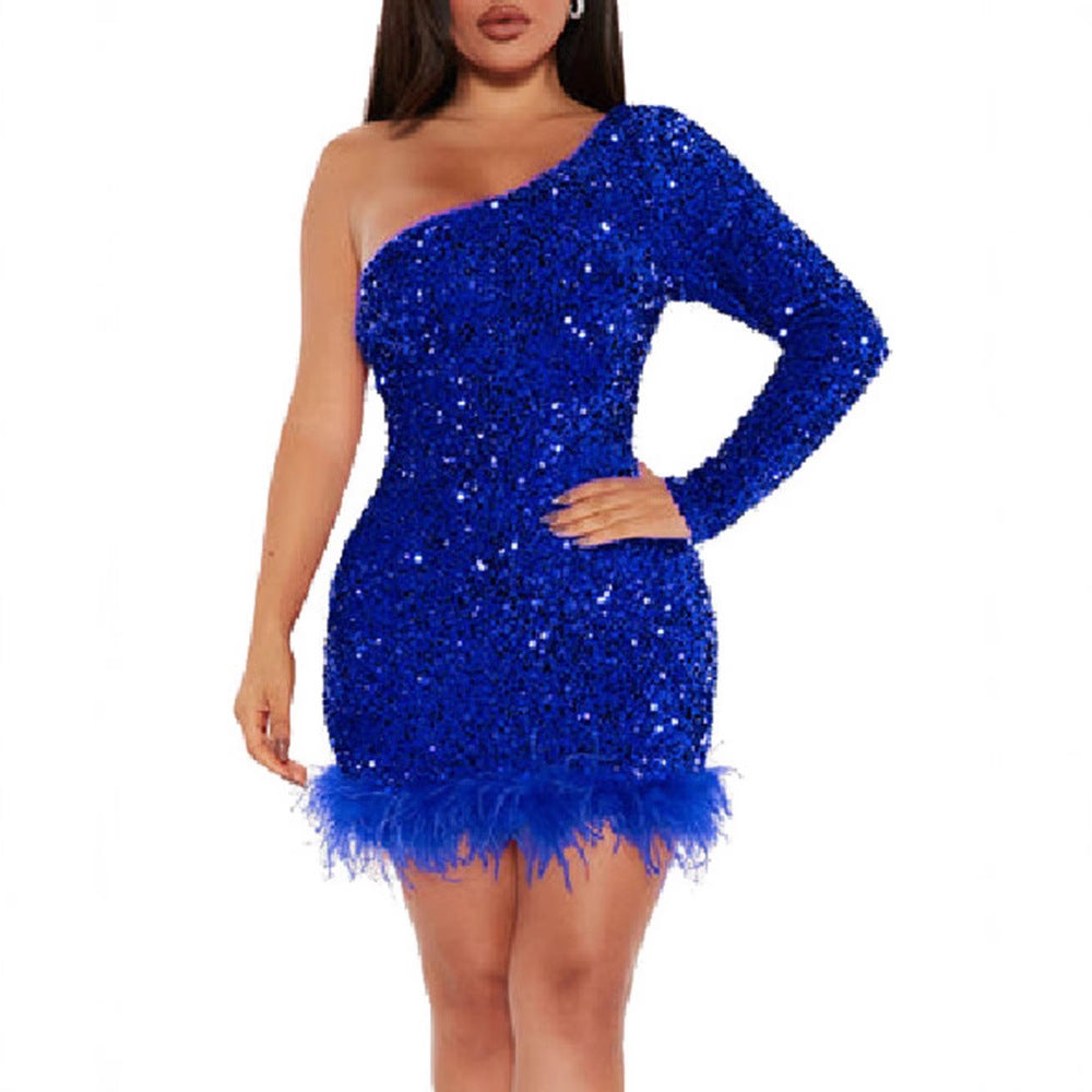 Damen Funkelndes Partykleid mit asymmetrischem Schnitt und Federdetails R&B