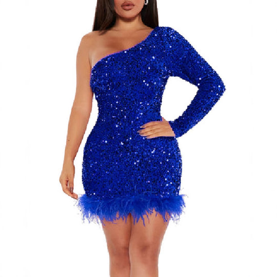 Damen Funkelndes Partykleid mit asymmetrischem Schnitt und Federdetails R&B