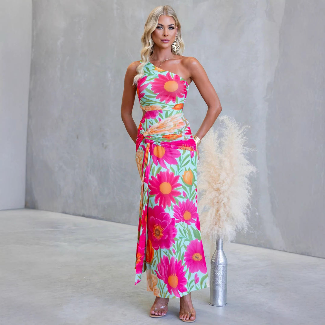 Damen Wickel-Maxikleid mit asymmetrischem Träger und floralen Akzenten R&B