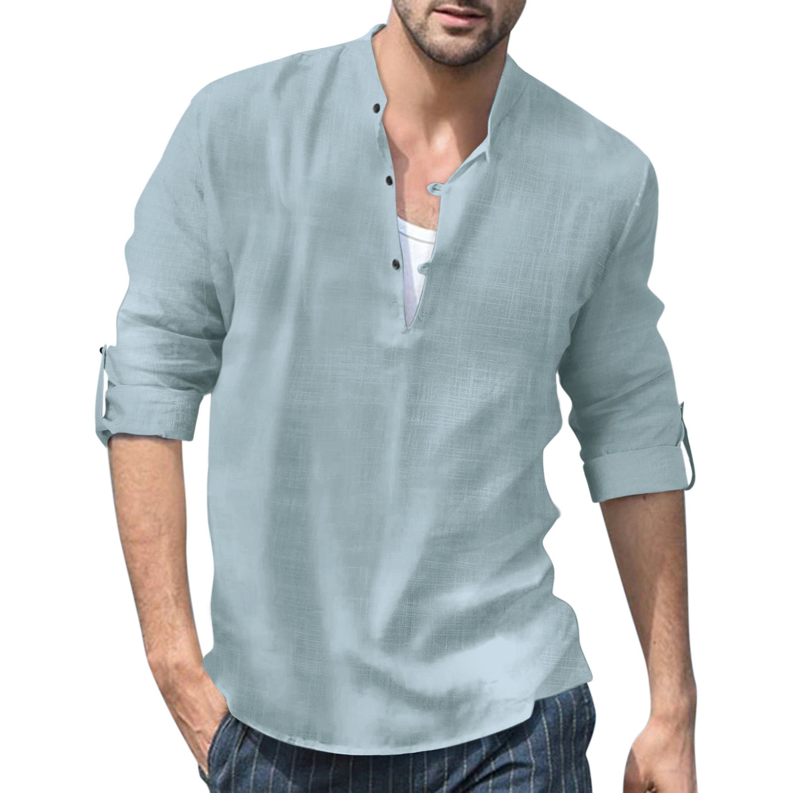 Herren lässiges Leinenhemd mit kurzes Arm und Knopfdetail R&B