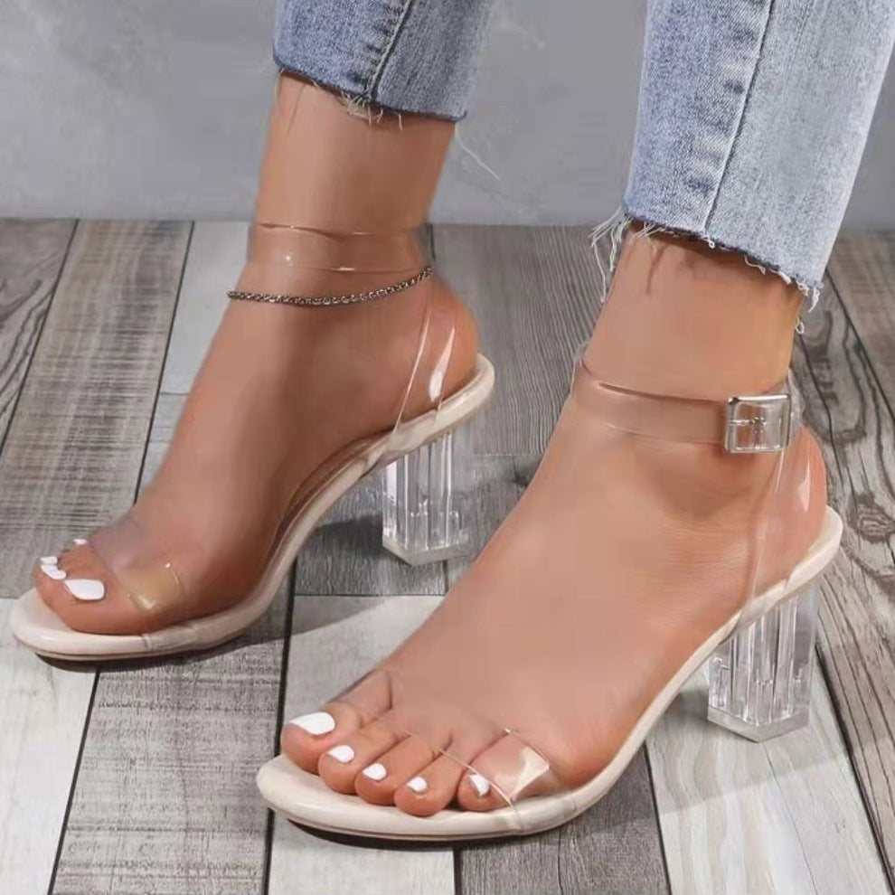 Damen elegante Sandaletten mit transparentem Riemen und glasklarem Absatz R&B