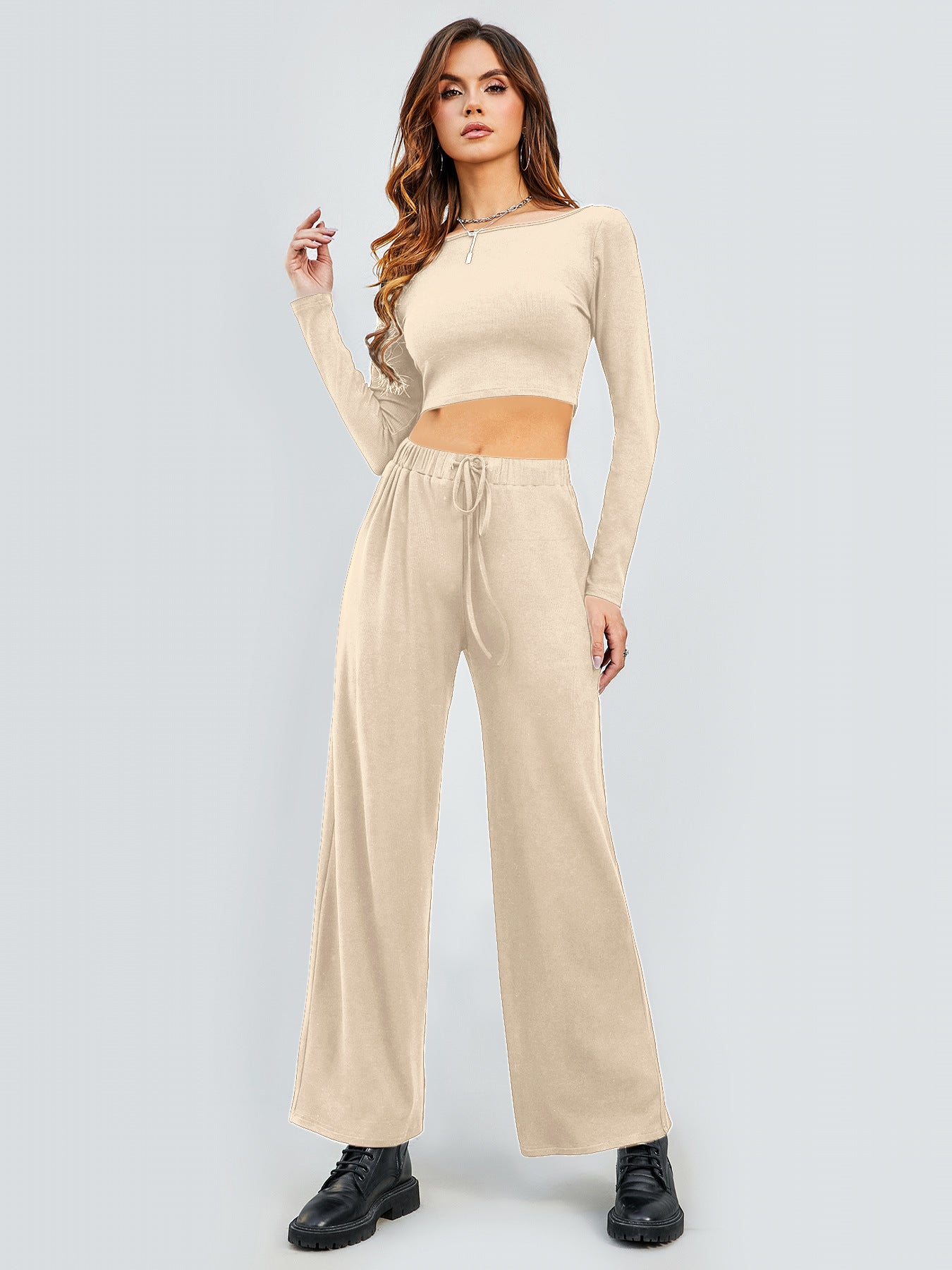 Damen Cropped Oberteil und Weite Hose Set R&B