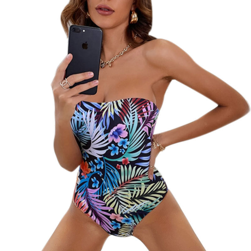 Damen Bandeau Badeanzug mit floralem Design und figurschmeichelnder Passform