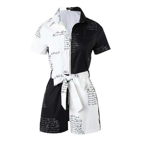 Damen Stylisches Jumpsuit mit Schriftmuster und Taillengürtel R&B