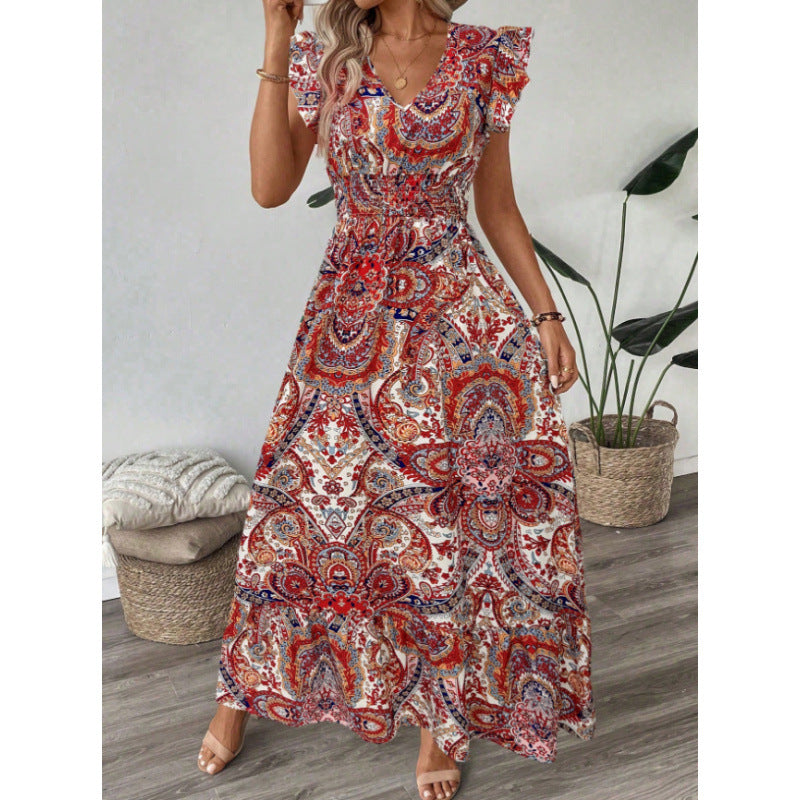 Damen Maxikleid mit raffinierten Volantärmeln und aufwendig floralem Muster R&B