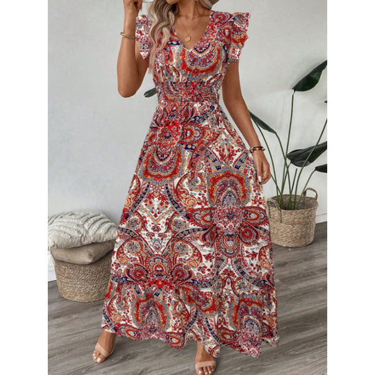 Damen Maxikleid mit raffinierten Volantärmeln und aufwendig floralem Muster R&B