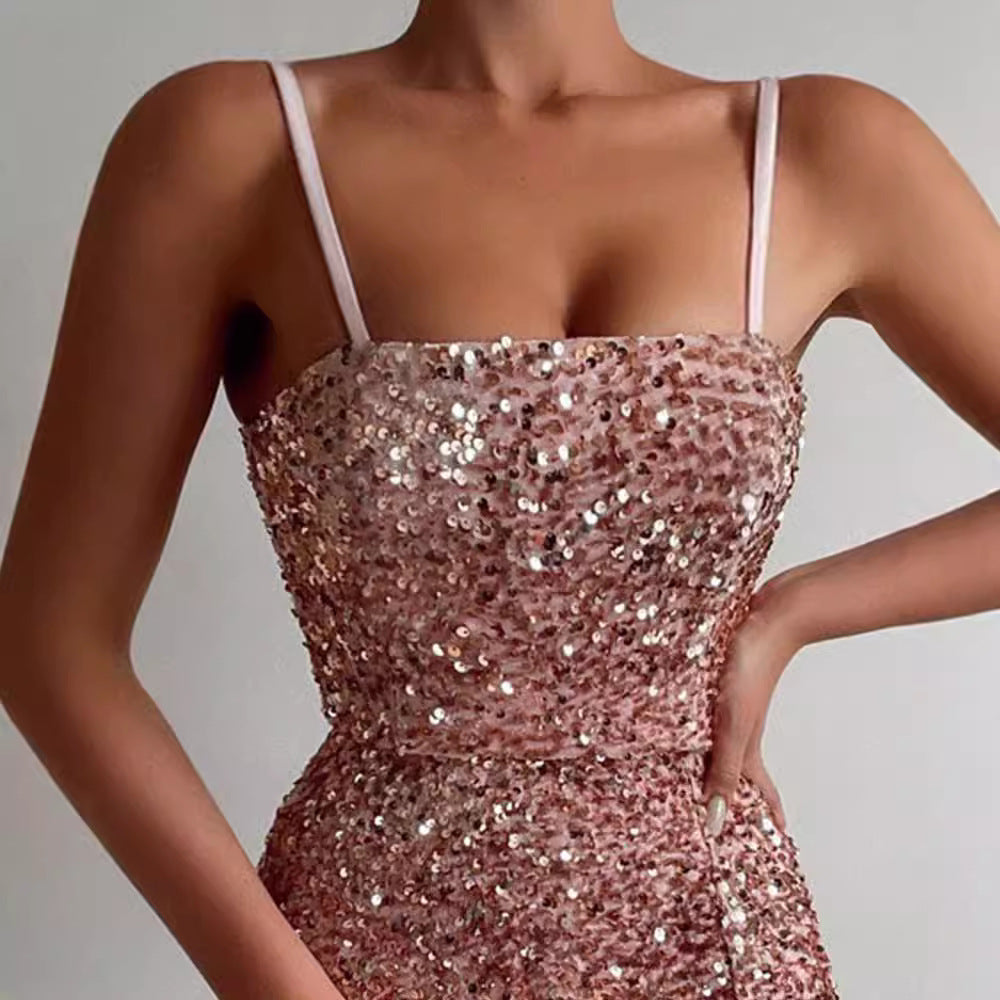 Damen Glamouröses Pailletten-Kleid mit Schlitzen und Spaghetti-Trägern R&B