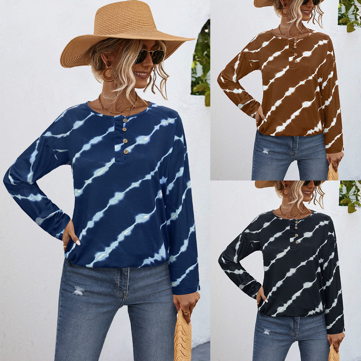Damen Langarmshirt mit dekorativem Knopfleisten-Design und modernem Batikmuster R&B