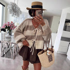 Damen lockere Strickjacke mit breiten Streifen und Bindegürtel R&B