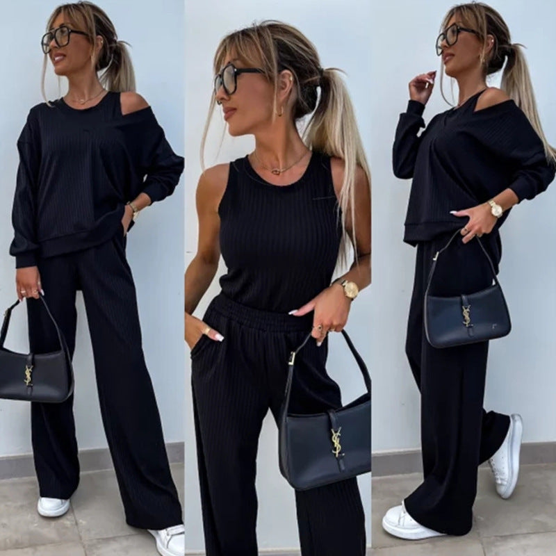 Damen nan elegantes Rippstrick-Zweiteiler Lounge-Set mit einseitigem Schulterfreischnitt und weitem Palazzo-Hosenbein R&B