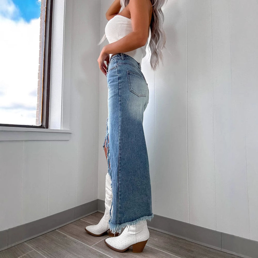 Damen Jeansrock mit fransigem Saum und hohem Schlitz R&B