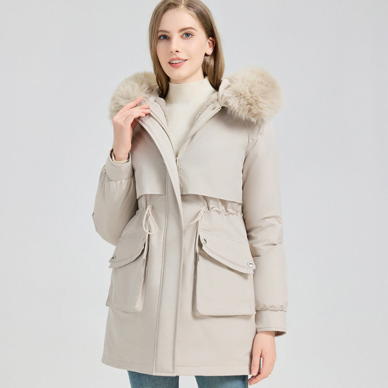 Damen Modische Pufferjacke mit abnehmbarem Kunstpelzkragen und funktionalen Taschen R&B