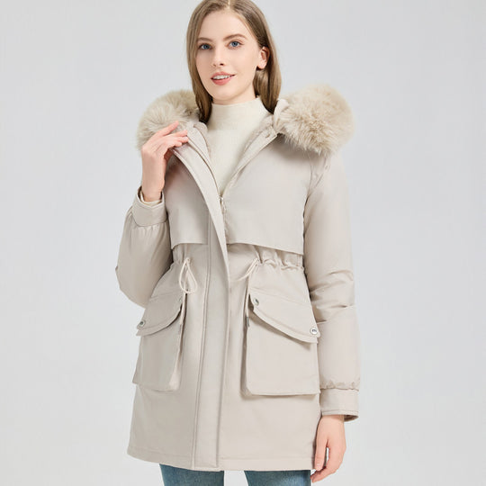 Damen Modische Pufferjacke mit abnehmbarem Kunstpelzkragen und funktionalen Taschen R&B