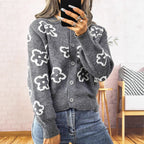 Damen gemütliche Strickjacke mit floralem Muster und Knopfverschluss R&B