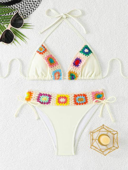 Damen Triangel-Bikini-Set mit buntem Häkelbund R&B