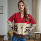 Damen Strickjacke mit dekorativen Taschen und modernem Farbblockdesign R&B