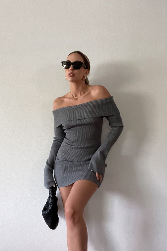 Damen figurbetontes, off-shoulder Strickkleid mit langen Ärmeln R&B
