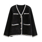 Damen elegante Strickjacke mit dekorativen Perlenknöpfen und praktischen Taschen R&B