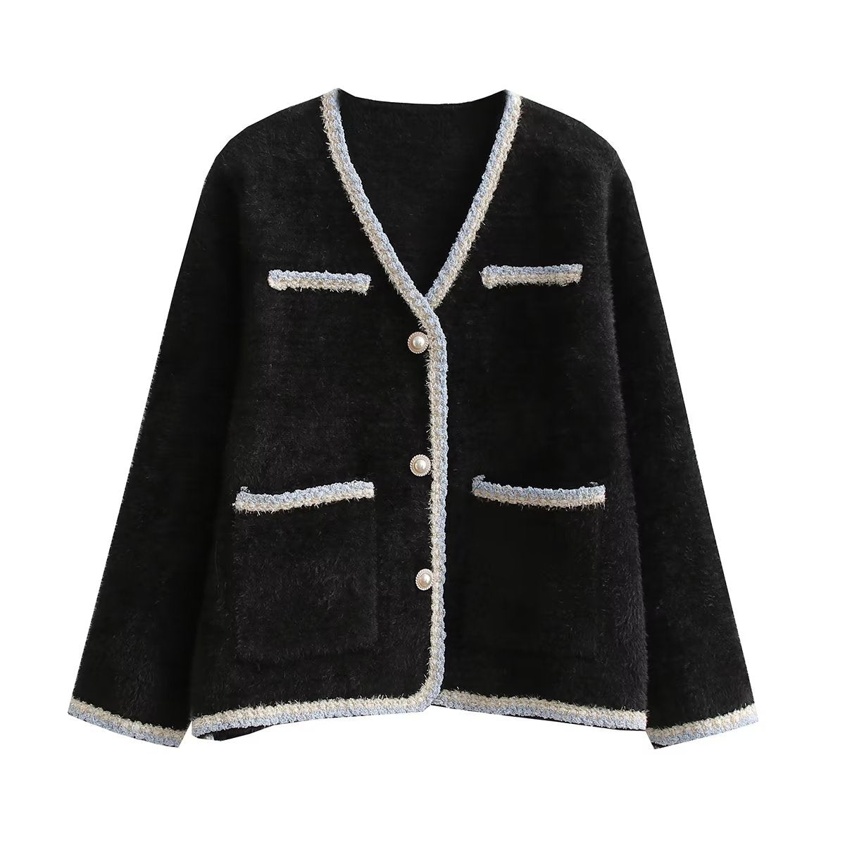 Damen elegante Strickjacke mit dekorativen Perlenknöpfen und praktischen Taschen R&B