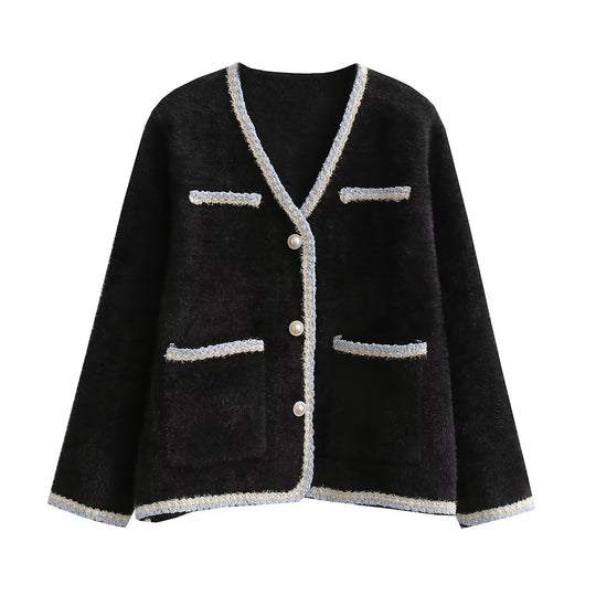 Damen elegante Strickjacke mit dekorativen Perlenknöpfen und praktischen Taschen R&B