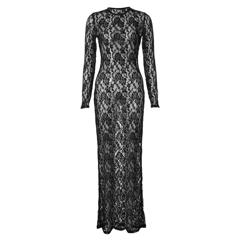 Damen Spitzenabendkleid mit elegantem Rückenausschnitt und langem Arm R&B