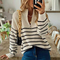 R&B | Pullover - Damen Herbstgestreifter Halb-Zip Strickpullover