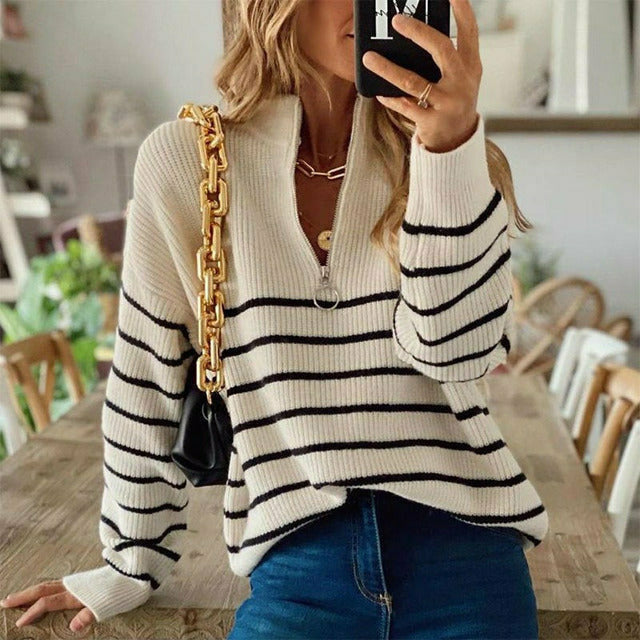 R&B | Pullover - Damen Herbstgestreifter Halb-Zip Strickpullover