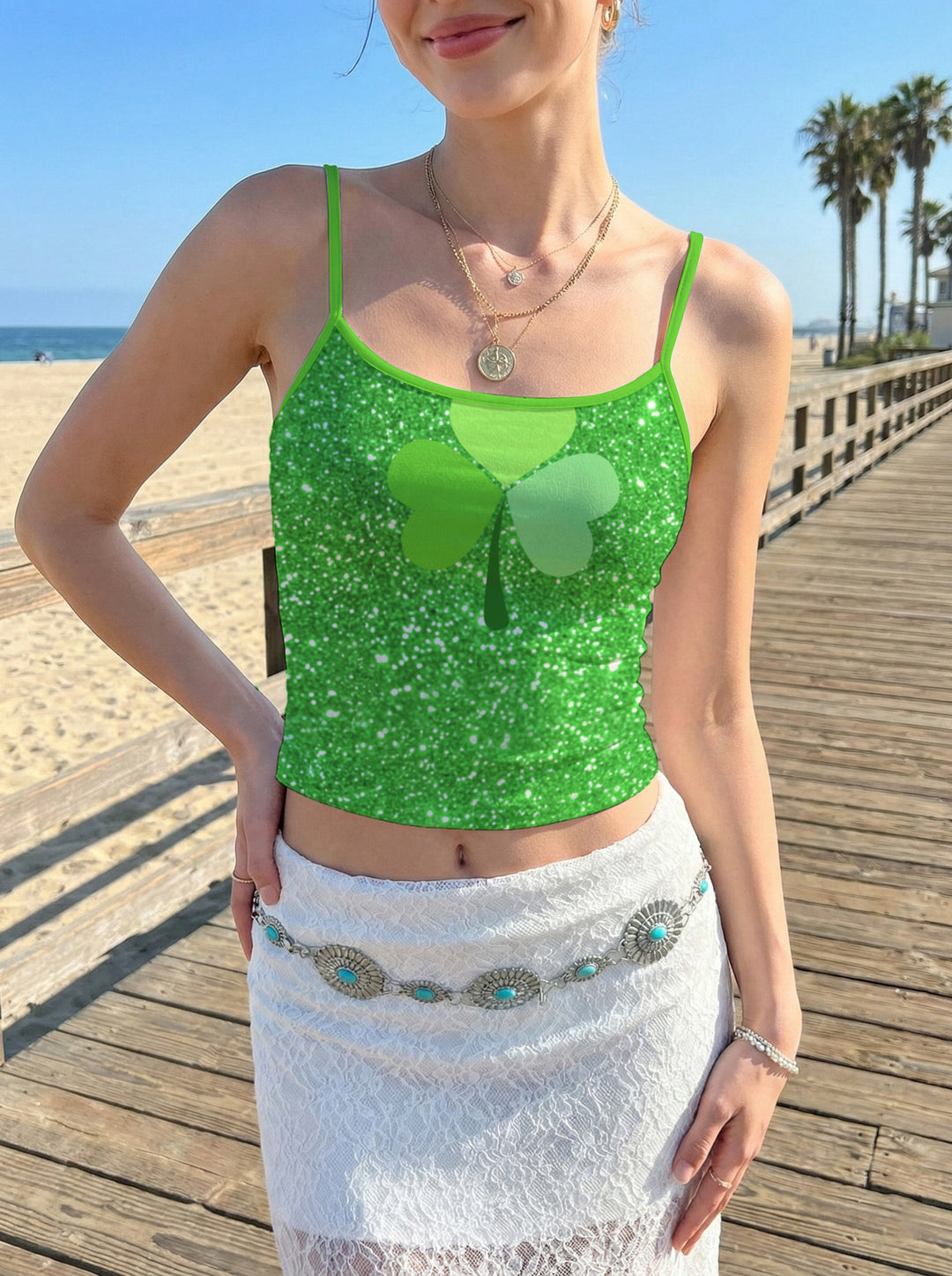 Damen Crop-Top mit floralem Motiv und verstellbaren Trägern R&B