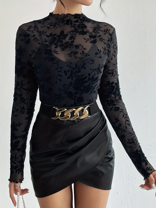 Damen nan transparentes Netzoberteil mit samtigem Floraldruck und Stehkragen R&B