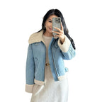 Damen modische Denimjacke mit Fellkragen und oversized Schnitt R&B