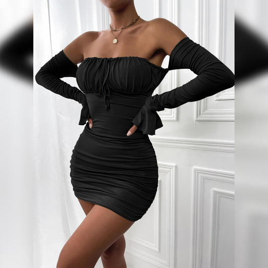 Damen Off-Schulter Minikleid mit Schößchen und langen Ärmeln R&B