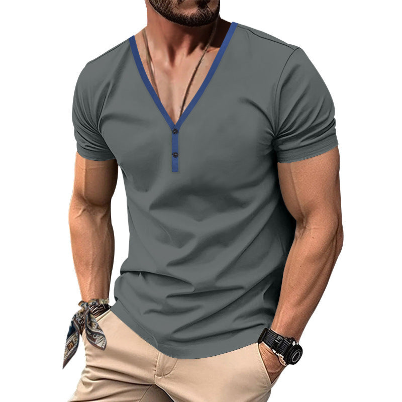 Herren Kurzarm Henley-T-Shirt mit V-Ausschnitt und Knopfdetail R&B