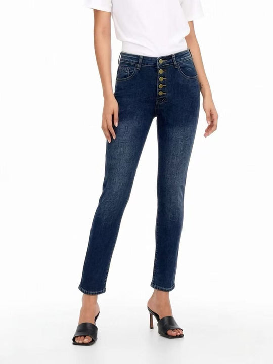 Damen Slim-Fit Jeans mit eleganter Knopfleiste und hohem Bund R&B