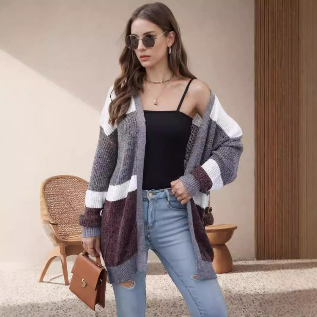 Damen lockere Strickjacke mit modischem Streifenmuster R&B