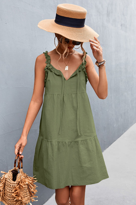Damen lässiges Sommerkleid mit Rüschendetails und verstellbarem Taillenzug R&B