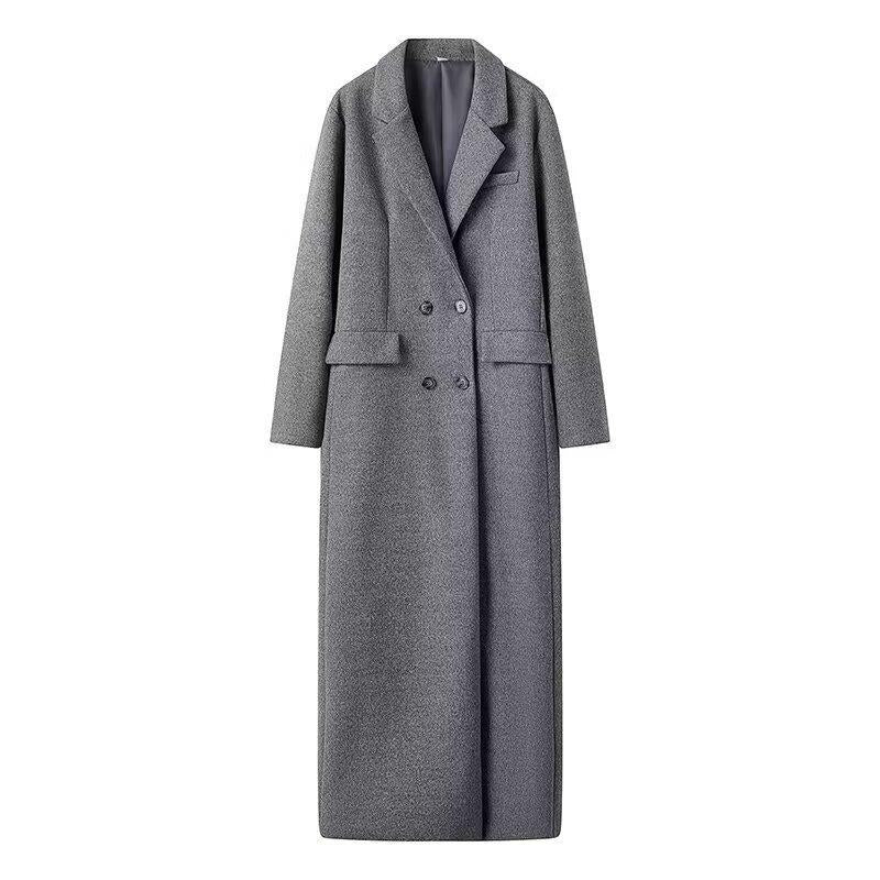 Damen eleganter langärmeliger Wollmantel mit Doppelreiher und hohen Taschen R&B